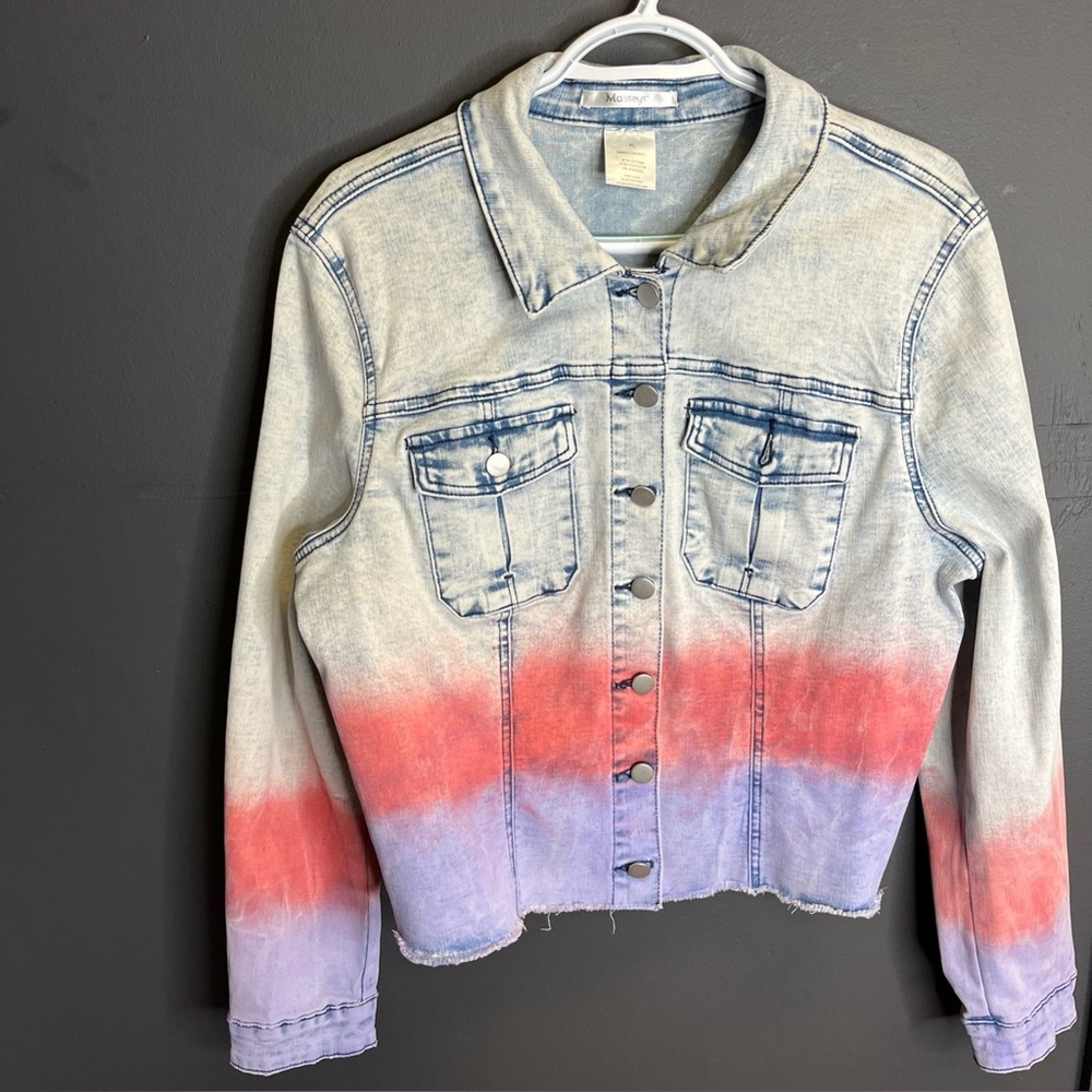 Massey's Jean Jacket Acid Wash Cropped Ombre Pink Purple Raw Hem Women Size 1X